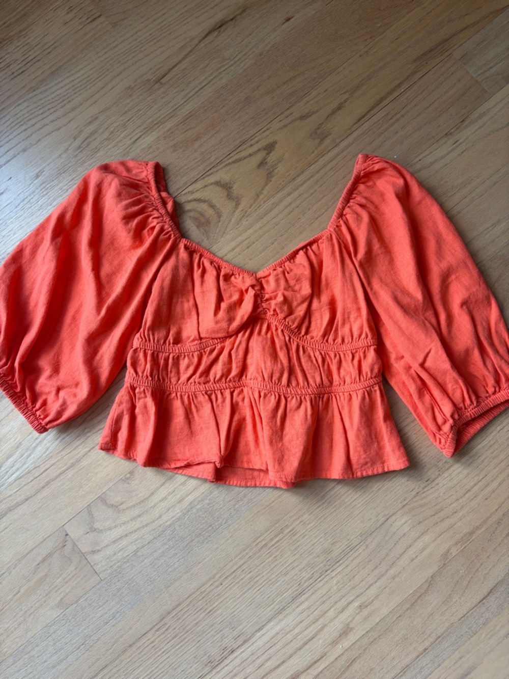 Orange Puff-Sleeve Linen Blend Top
